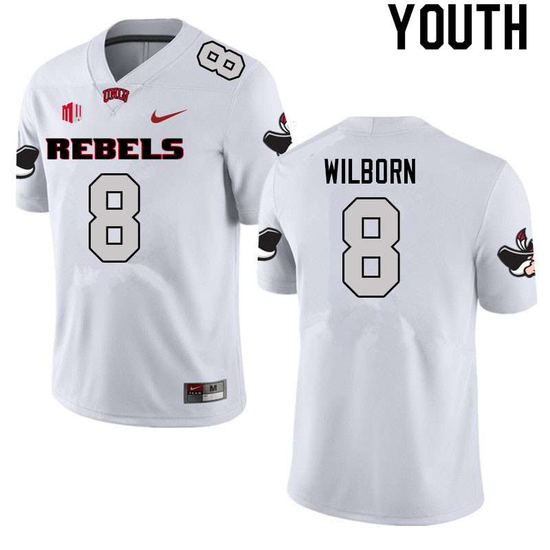 Youth #8 Kylan Wilborn UNLV Rebels College Football Jerseys Sale-White - Click Image to Close